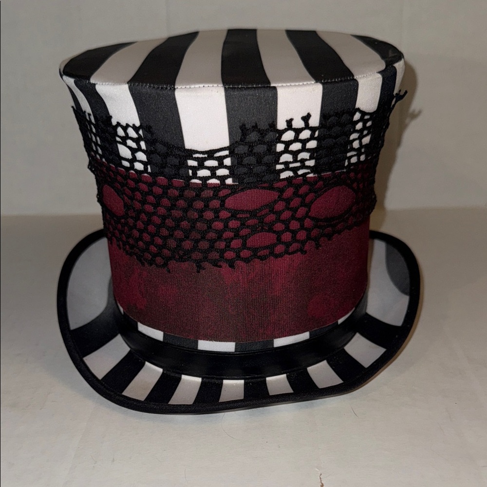 Striped Black and White Top Hat with Red Lace